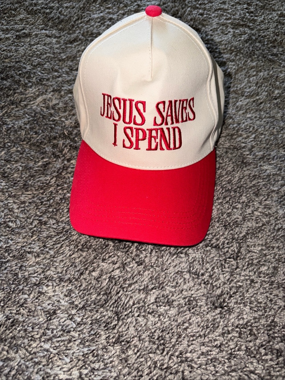 Cream and Red "Jesus Saves I Spend" Trucker Cap